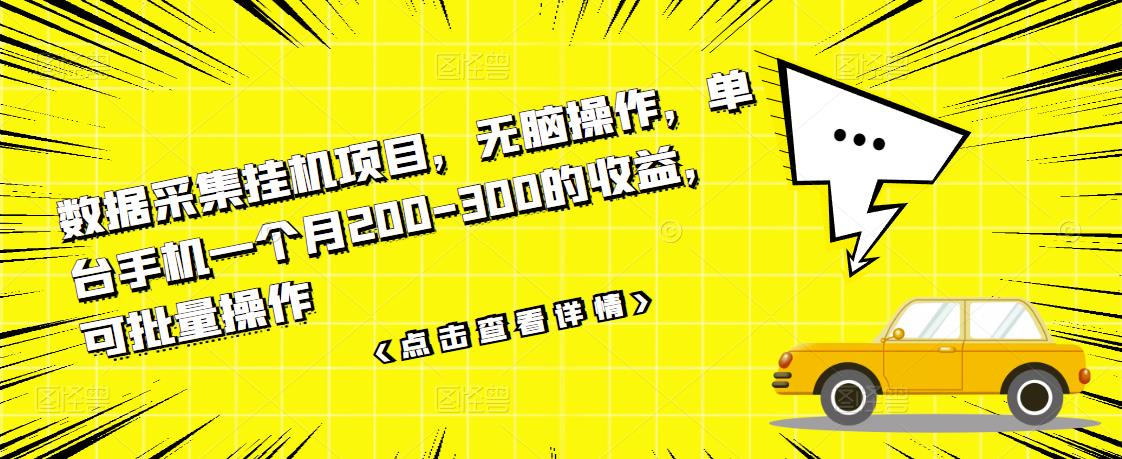 数据采集挂机项目，无脑操作，单台手机一个月200-300的收益，可批量操作-私藏资源社