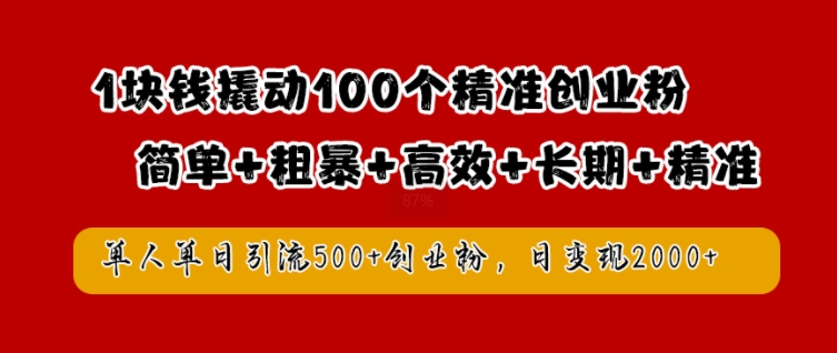 1块钱撬动100个精准创业粉，简单粗暴高效长期精准，单人单日引流500+创业粉，日变现2k【揭秘】-私藏资源社